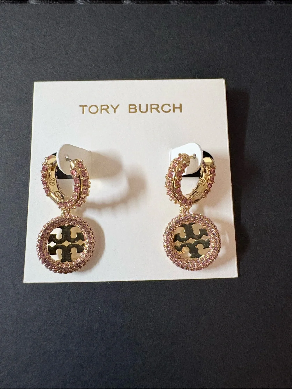 Tory Burch Gold Medallion Drop Earrings with Pink Crystals